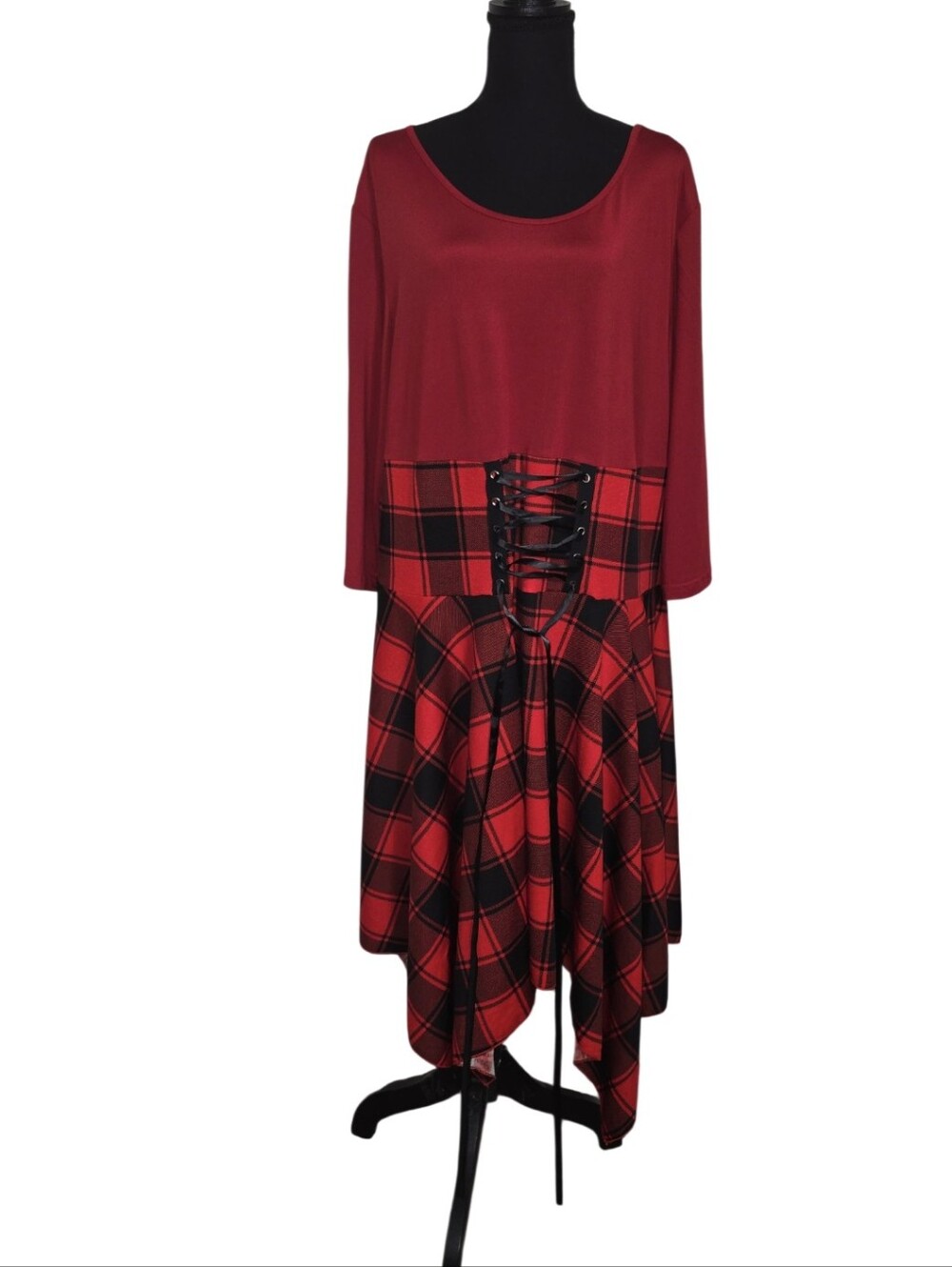 #K116 Shein Curve Red Plaid Lace-Up Hem Women's Dress